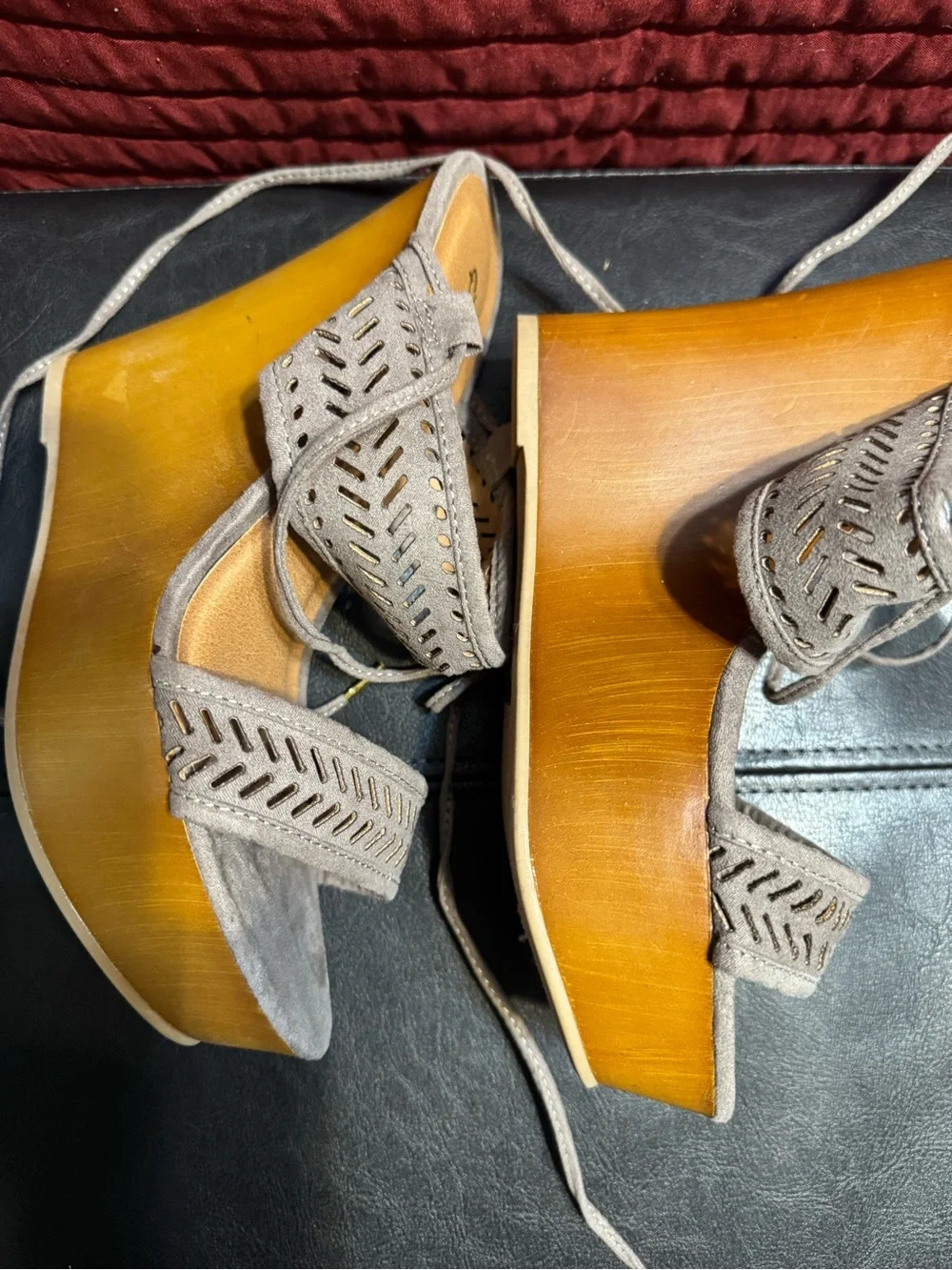 Qupid Taupe Laser-Cut Lace-Up Wedge Sandals with Suede Upper